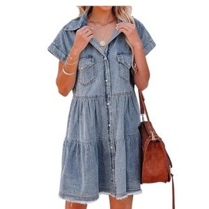 Women’s Snap Button Short Sleeve Denim Dress - Size XL